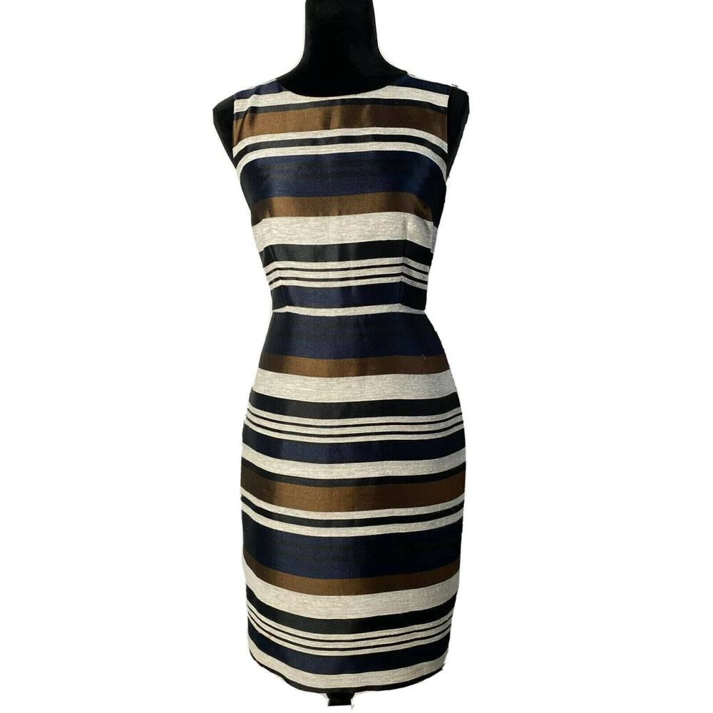 Ann Taylor Dress 6 Navy Blue Bronze Beige Woven Stripe Sheath Lined Work/Party